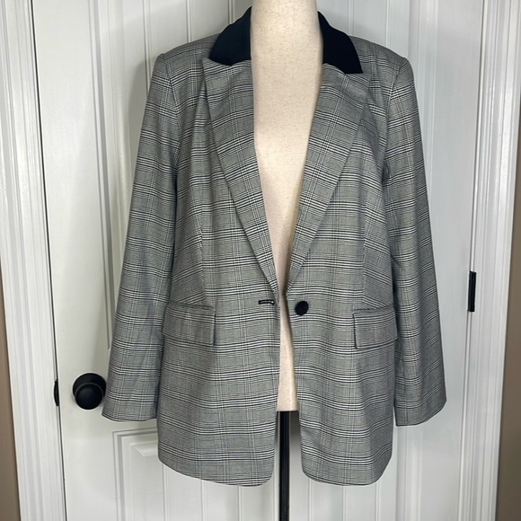 Tall Plaid Velvet Collar Long Modern Blazer Sz 14 - Picture 6 of 13